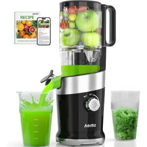 imageCold Press Juicer with Whole Feed Chute Aeitto Masticating Juicer Machines Juice Extractor Machine Easy to Clean High Juice Yield For Whole Vegetables and Fruits Easy to Assemble Onyx BlackBlack
