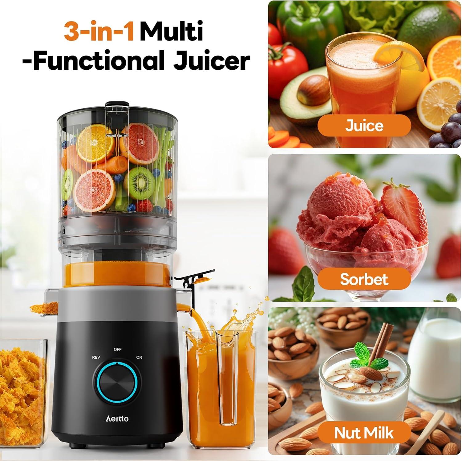 image:imageAeitto Easy to Clean Cold Press Juicer with FilterFree Design 3in1 Juicer Machines for Juice Nut Milk amp Sorbet 60 Wide Feed Chute for Whole Fruits amp Vegetables Quiet Motor With BrushPremium Black