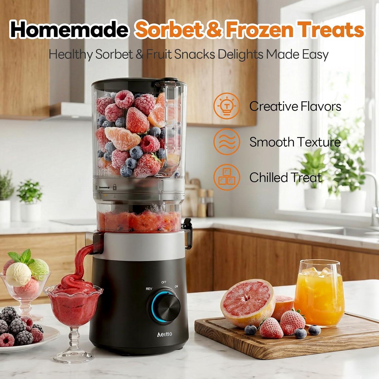 image:imageAeitto Easy to Clean Cold Press Juicer with FilterFree Design 3in1 Juicer Machines for Juice Nut Milk amp Sorbet 60 Wide Feed Chute for Whole Fruits amp Vegetables Quiet Motor With BrushPremium Black