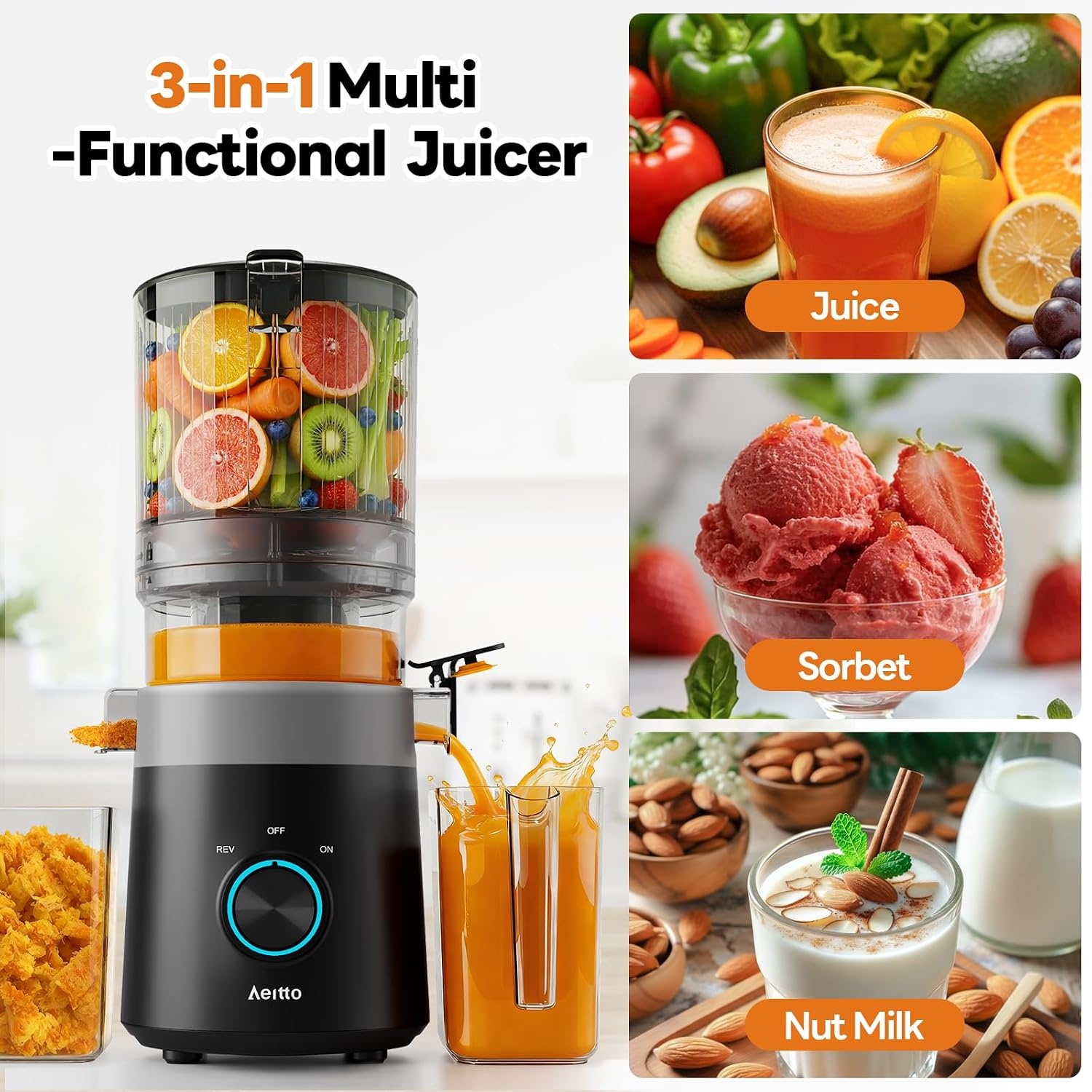 image:imageAeitto 3in1 Cold Press Juicer for Juice Nut Milk amp Sorbet  FilterFree Design for Effortless Cleaning 60 Extra Large Chute Fits Whole Fruits amp Vegetables Juicer Machines High Yield With BrushBlack