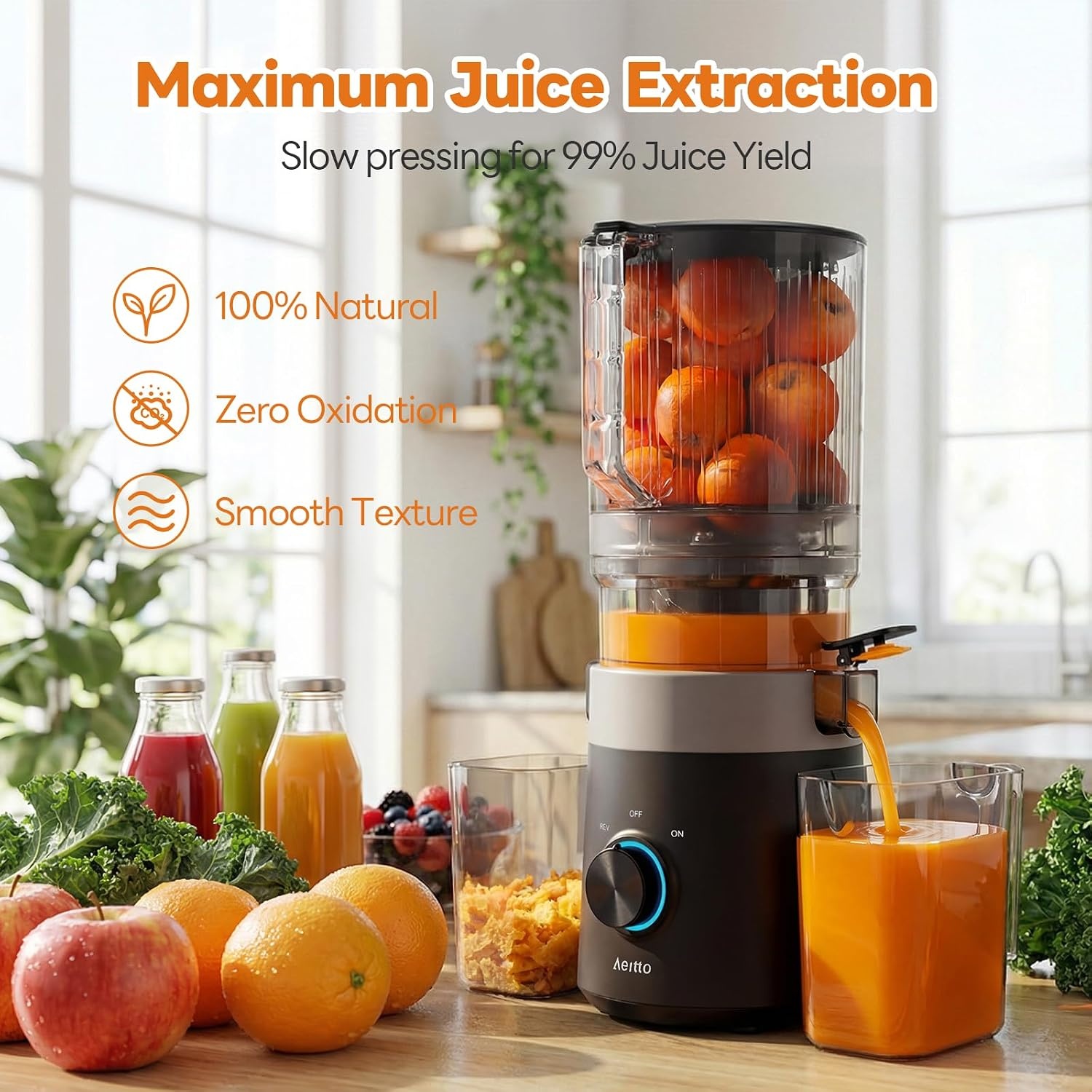 image:imageAeitto 3in1 Cold Press Juicer for Juice Nut Milk amp Sorbet  FilterFree Design for Effortless Cleaning 60 Extra Large Chute Fits Whole Fruits amp Vegetables Juicer Machines High Yield With BrushBlack